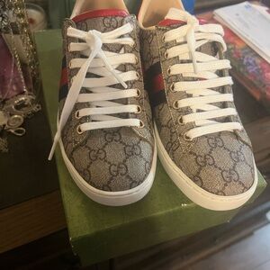 Gucci Beige Monogram Sneakers with Red and Blue Accents